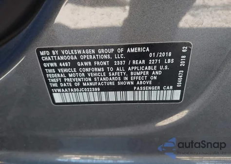 2018 Volkswagen Passat 2.0T R-Line/2.0T S from USA, damaged, VIN 1VWAA7A30JC022399